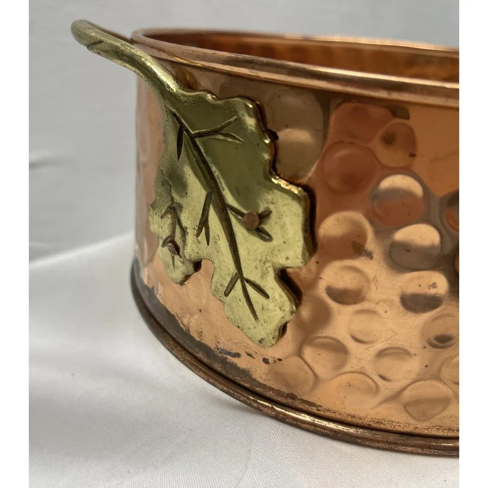 Hammered Copper Casserole Candle Ring Holder Brass Leaves 6.5
